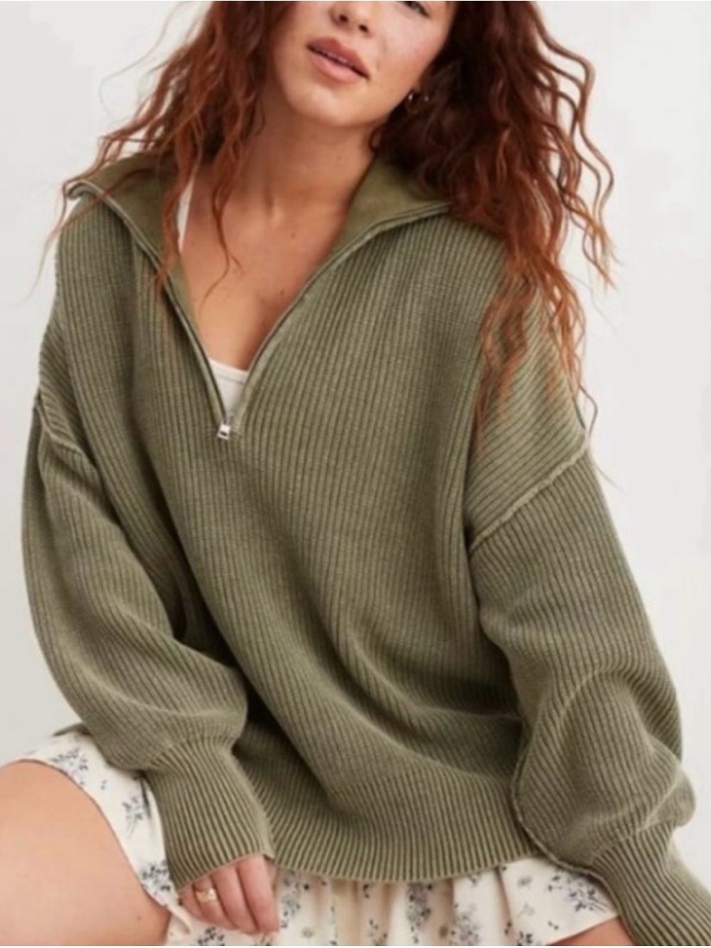 Aerie Oversized Chunky Ribbed Quarter Zip Sweater Olive Green Cotton XXS